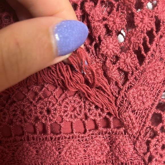 Anthropologie Zero to Sky Fringed Lace Boho Burgundy Tunic Dress Size Small - Picture 10 of 13